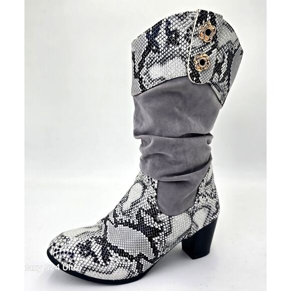 Slouch Mid Calf Boots Snake Pattern Gray Black Faux Leather Women's 37 EU 6.5 US - Picture 1 of 8